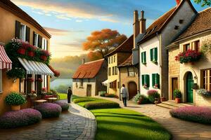 a painting of a street in a village. AI-Generated photo