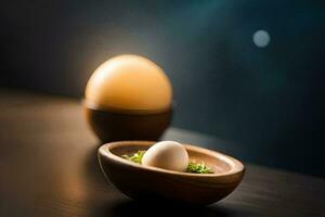 an egg in a wooden bowl with a light. AI-Generated photo