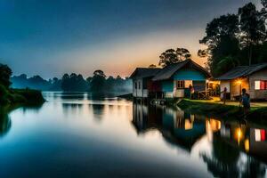 a house on the river at dusk with a foggy sky. AI-Generated photo