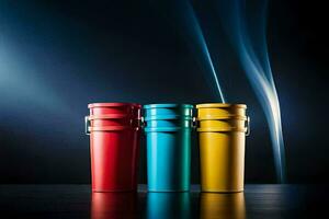 three colorful cups with smoke coming out of them. AI-Generated photo