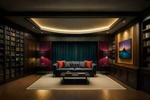 a living room with a couch, bookshelf and a television. AI-Generated photo