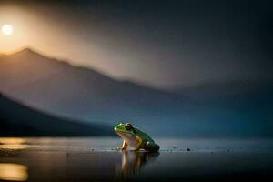 un rana se sienta en el apuntalar de un lago a puesta de sol. generado por ai foto