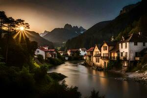 foto fondo de pantalla el cielo, montañas, río, casas, atardecer, el sol, el montañas,. generado por ai