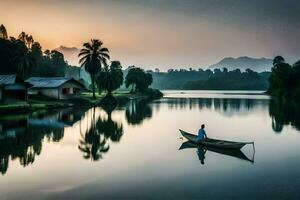 un hombre en un barco en un río a puesta de sol. generado por ai foto