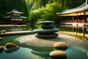 a pond with stones and a pagoda in the background. AI-Generated photo