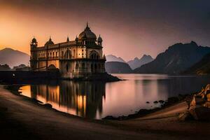 un hermosa puesta de sol terminado un lago con un castillo en el antecedentes. generado por ai foto