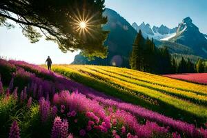 a man walking through a field of flowers. AI-Generated photo