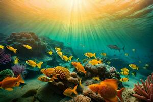 the sun shines over a coral reef with fish and coral. AI-Generated photo