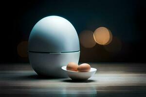an egg in a bowl next to an egg machine. AI-Generated photo