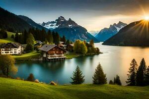 el Dom sube terminado el montañas y lago en esta hermosa paisaje. generado por ai foto