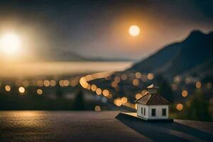 un miniatura casa se sienta en parte superior de un colina a puesta de sol. generado por ai foto