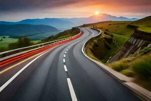 a long exposure photograph of a winding road in the mountains. AI-Generated photo