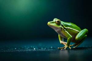 a frog is standing on a dark background. AI-Generated photo