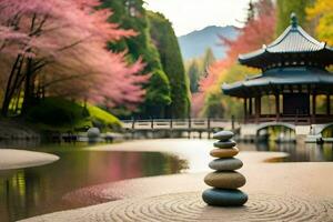 a stone pile in front of a pagoda in the middle of a lake. AI-Generated photo