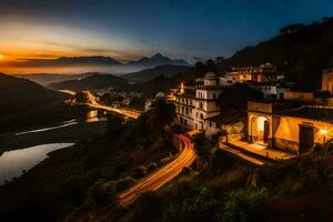 el puesta de sol terminado un pueblo en el montañas. generado por ai foto