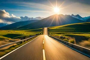 un la carretera en el montañas con el Dom brillante. generado por ai foto