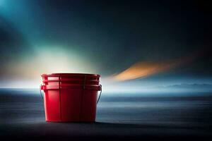 a red bucket sitting on the ground in front of a dark sky. AI-Generated photo