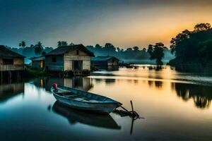 a boat sits on the water near a small house. AI-Generated photo