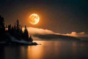 a full moon is seen over a lake with trees. AI-Generated photo