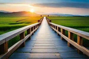 a wooden bridge leads to a green field at sunset. AI-Generated photo