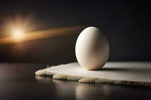 an egg on a table with a light behind it. AI-Generated photo