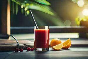 a glass of juice with a straw and oranges. AI-Generated photo