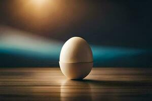 an egg on a wooden table with a bright light behind it. AI-Generated photo