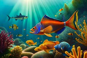 fish swimming in the ocean with coral reefs and fish. AI-Generated photo