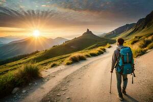 a man with a backpack and trek poles walks down a dirt road in the mountains. AI-Generated photo