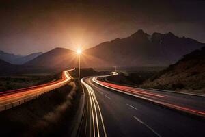 un largo exposición fotografía de un autopista a noche. generado por ai foto