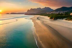 un hermosa playa a puesta de sol con montañas en el antecedentes. generado por ai foto