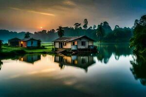 a house sits on the edge of a lake at sunset. AI-Generated photo