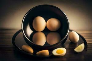huevos en un cuenco en un mesa. generado por ai foto