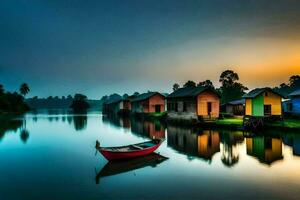 a boat sits on the water in front of a row of houses. AI-Generated photo