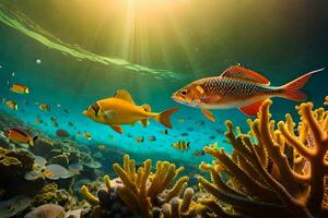 foto fondo de pantalla pez, coral, el sol, el mar, el sol, el mar, el. generado por ai