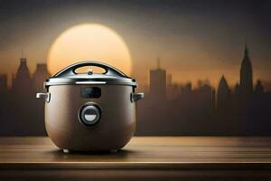 a brown rice cooker on a table in front of a cityscape. AI-Generated photo