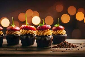 four cupcakes with chocolate frosting and strawberries. AI-Generated photo