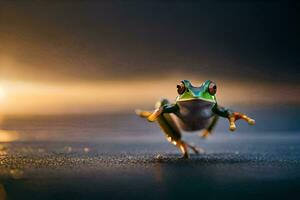 frog jumping on the ground with the sun in the background. AI-Generated photo