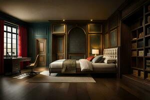 a bedroom with wooden paneling and a bed. AI-Generated photo