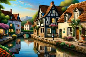 a painting of a small town with houses and a river. AI-Generated photo