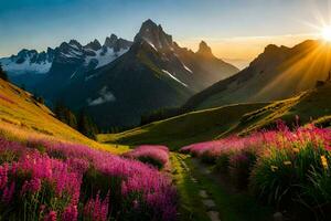 the sun rises over the mountains and flowers in the foreground. AI-Generated photo