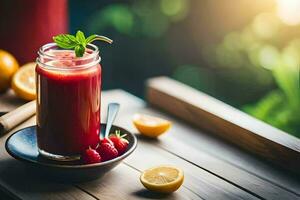 a glass of smoothie with strawberries and lemon. AI-Generated photo