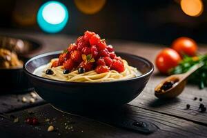 a bowl of pasta with tomatoes and herbs. AI-Generated photo