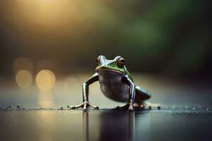 a frog is standing on the ground with its legs spread. AI-Generated photo