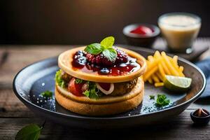 a hamburger with a berry sauce on top. AI-Generated photo