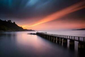 a long exposure photograph of a pier at sunset. AI-Generated photo