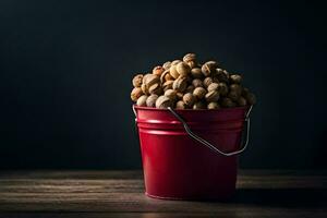 a bucket full of peanuts on a dark table. AI-Generated photo
