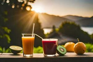 dos lentes de jugo con Fruta en un mesa. generado por ai foto