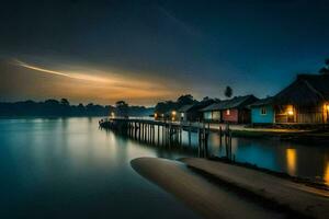 a long exposure photograph of a dock and houses on the water. AI-Generated photo