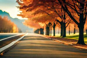 an empty road lined with trees in the fall. AI-Generated photo